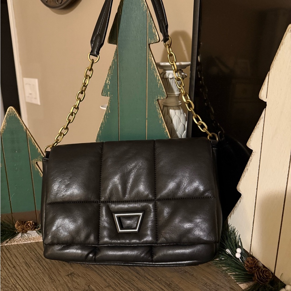 Zara Black Quilted Shoulder Bag with Gold Chain